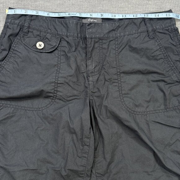 Express Womens Black Capri Pants Mid Rise Flap Pockets Cuff Ties Cotton Size 4 - Picture 7 of 13